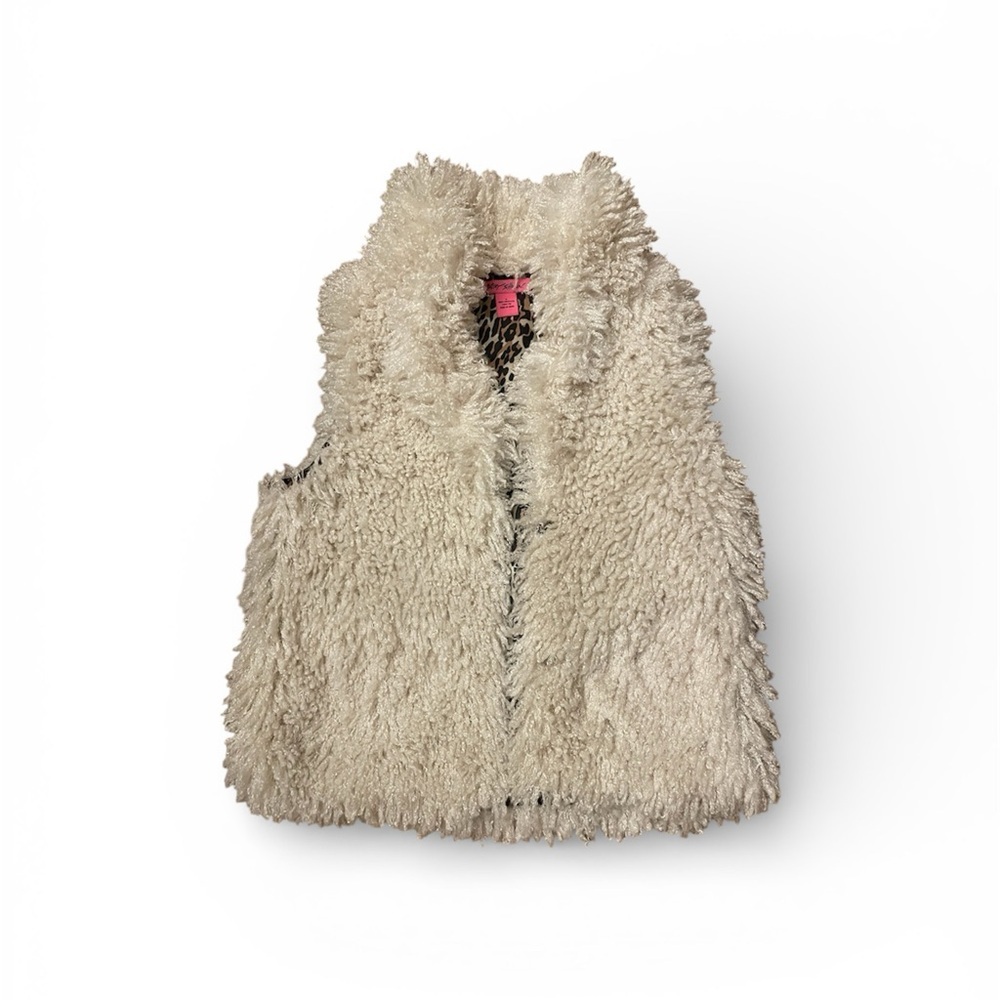Betsey Johnson shaggy faux fur vest with a leopard print lining.